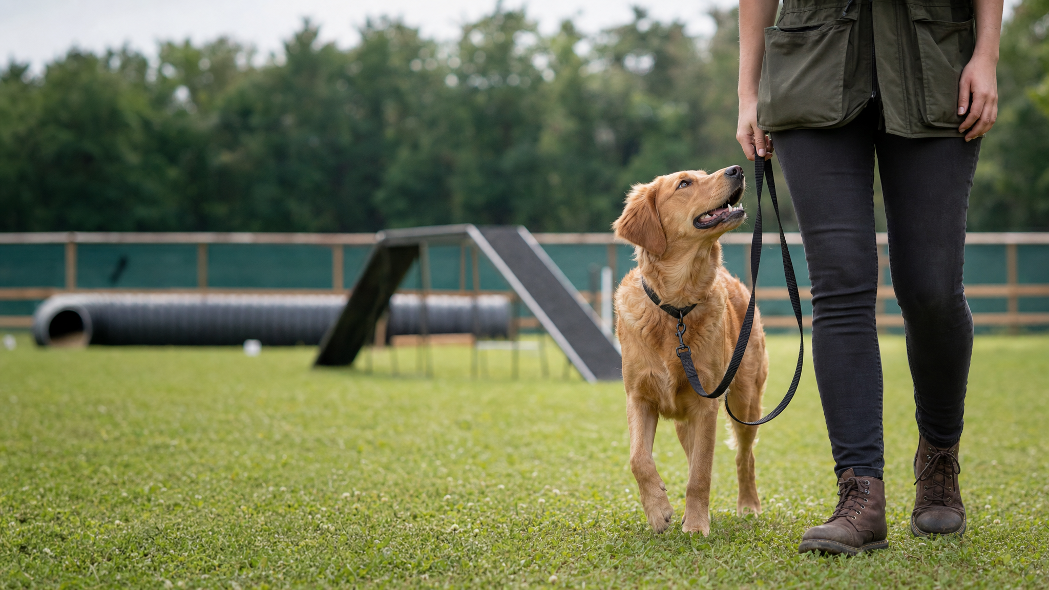 Ruhiges Trainingsfeld mit aufmerksamem Hund im Tageslicht