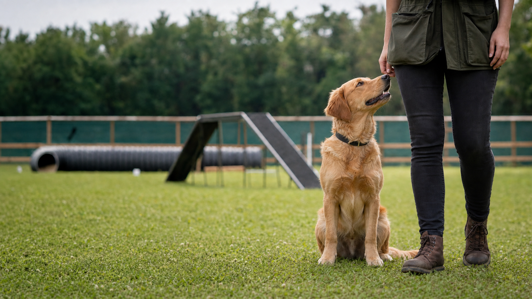 Aufmerksamer Hund auf einem Trainingsfeld im weichen Tageslicht