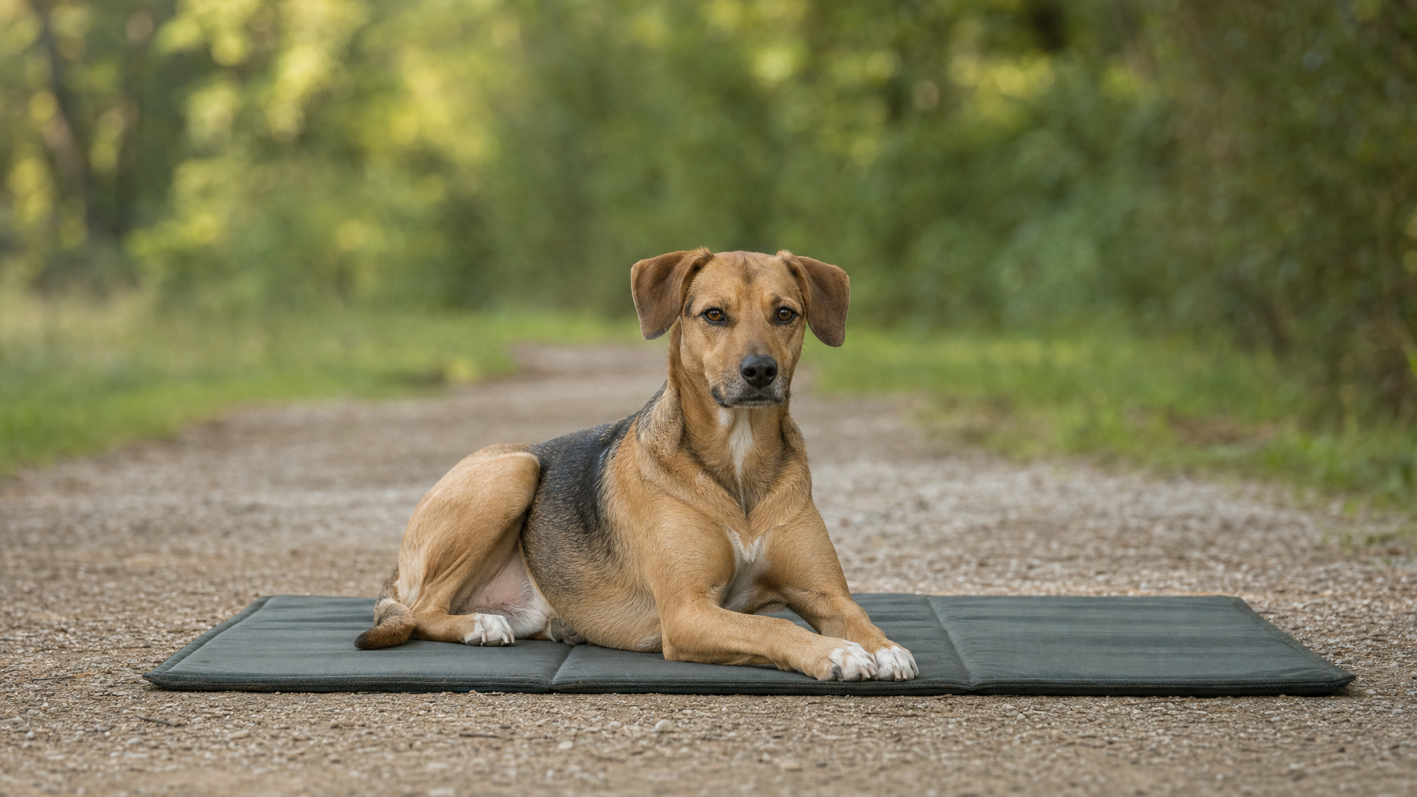 Hund entspannt auf einer Trainingsmatte im Freien