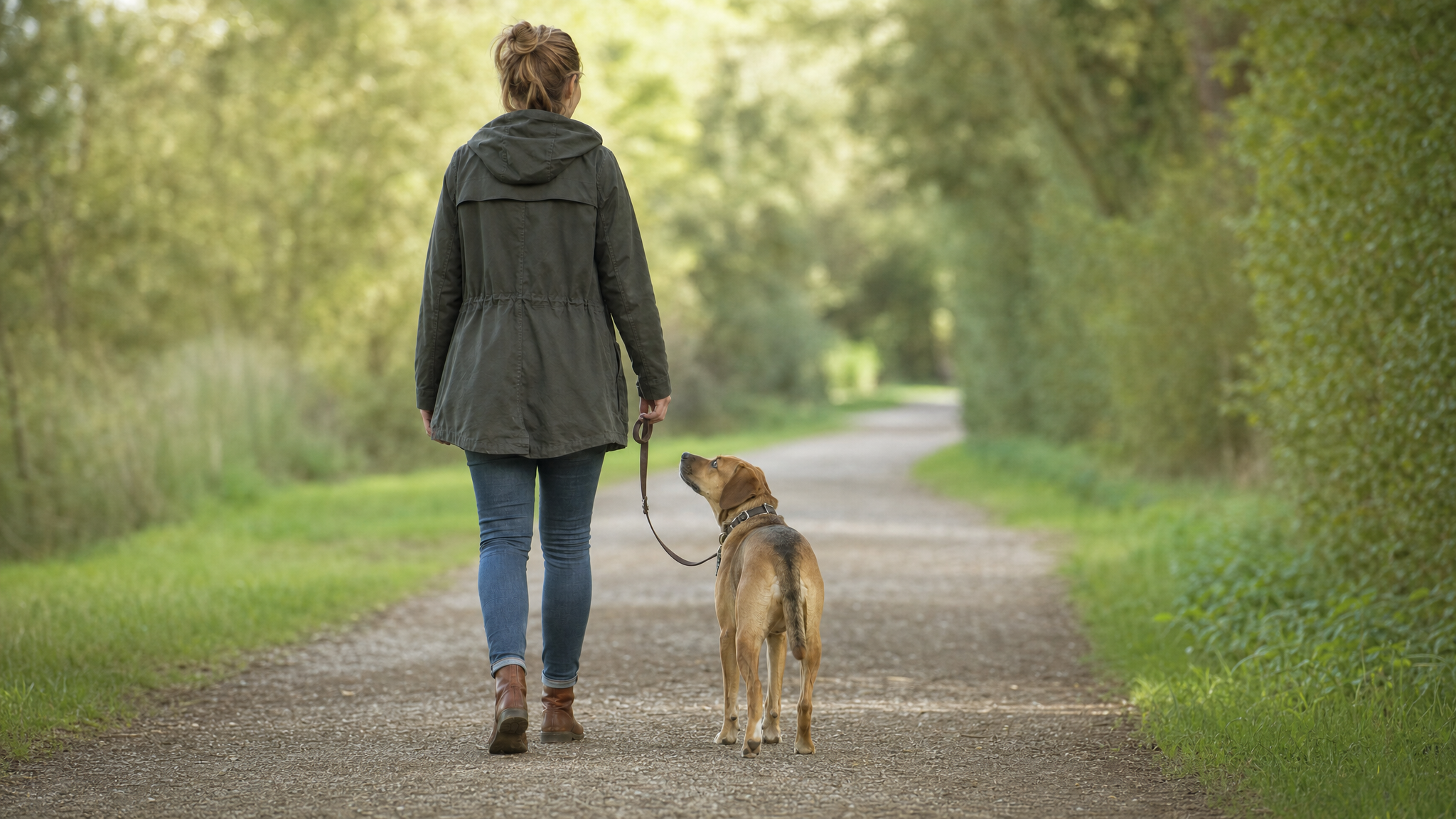 Hund konzentriert neben dem Bein beim Gehen an lockerer Leine